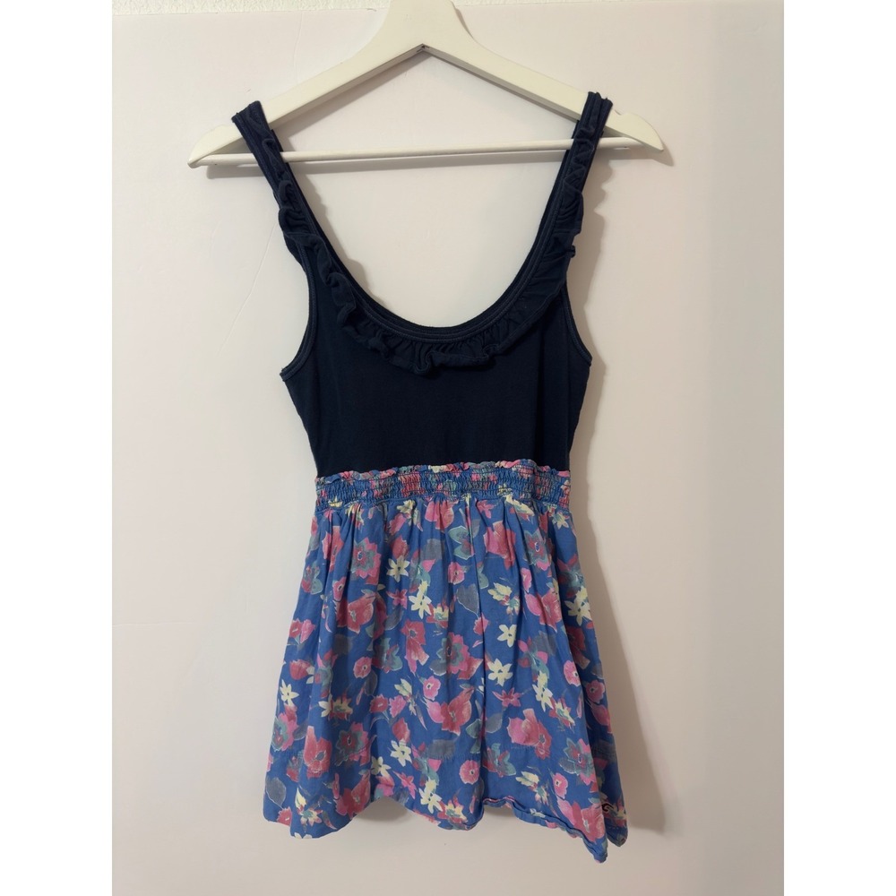 Hollister Y2K Babydoll Top Womens XS Navy Blue Floral Ruffled Smocked Summer